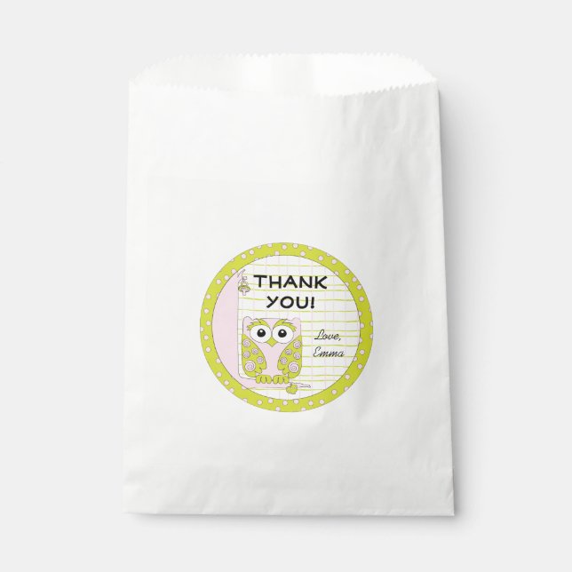 Baby Shower Favour Bag, Owl in a Tree, Pink, Green Bag (Front)