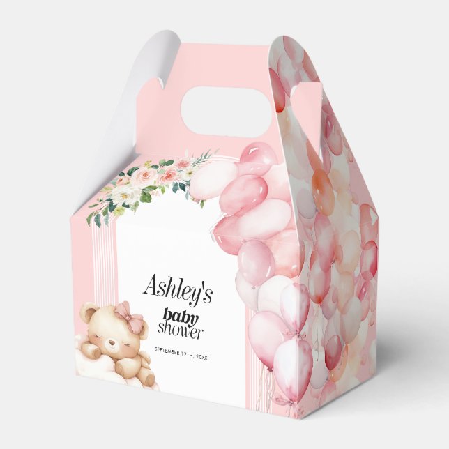 Baby Shower Favour Box, Pink Bear and Balloons Favour Box (Back Side)
