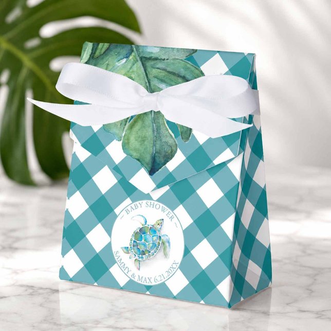 Baby Shower Favour Boxes Tropical Sea Turtle (Hawaiian themed party accessories features a sea turtle and blue gingham favor box)