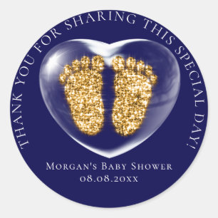 Baby Shower Favour Bubble Hearts Feet Navy Gold Classic Round Sticker