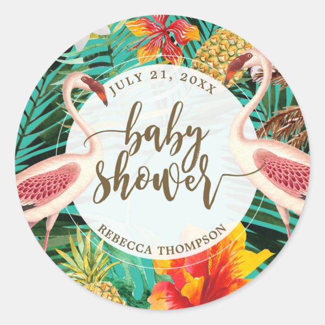 baby shower favour sticker tropical flamingo (Front)