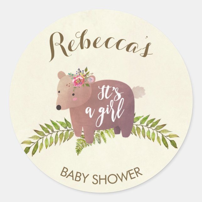 baby shower favour sticker woodland bear girl (Front)