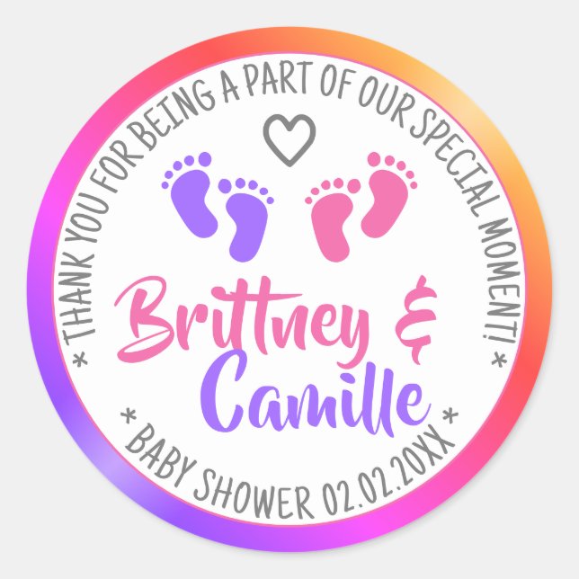 Baby Shower Favour Tags Bright Rainbow Girl Twins (Front)