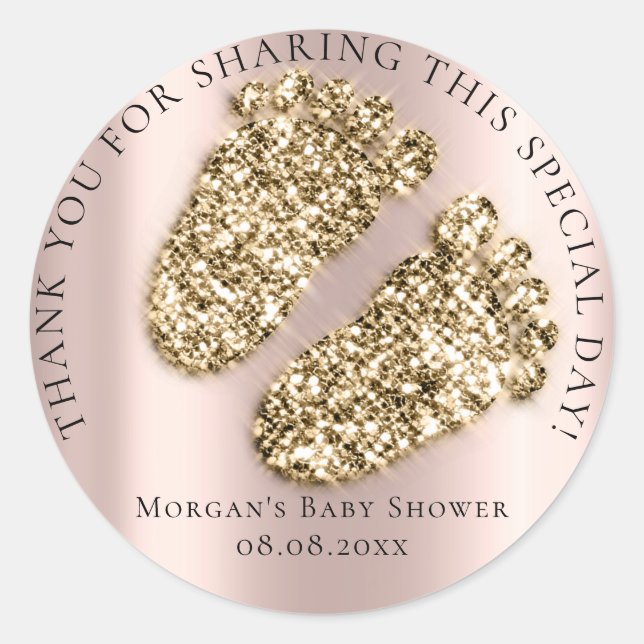 Baby Shower Favour Thank Glitter Gold Glitter Feet Classic Round Sticker (Front)