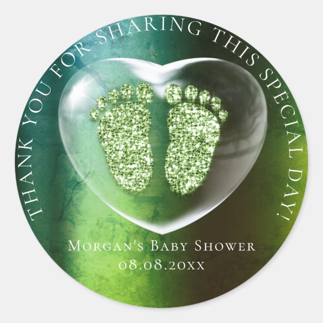 Baby Shower Favour Thank Glitter Heart Green Feet Classic Round Sticker (Front)