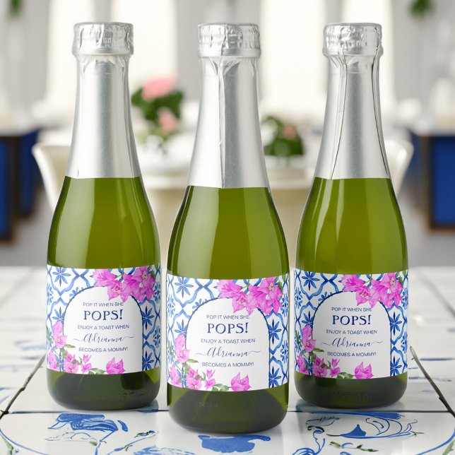 Baby shower favours blue tiles bougainvilleas sparkling wine label (Baby shower favors blue tiles bougainvilleas personalized  sparkling wine label pop it when she pops)