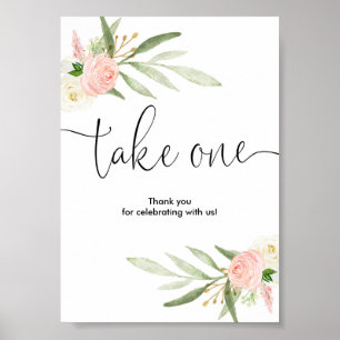 Baby shower favours sign pink greenery gold elegan