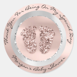 Baby Shower Feet Boy Girl Name Thank Grey Rose VIP Classic Round Sticker