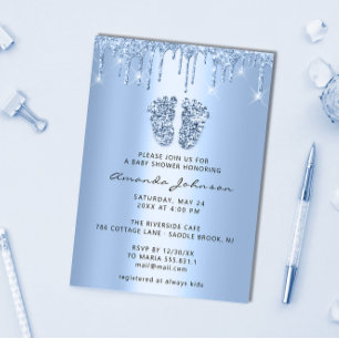 Baby Shower Feet Glitter Baby Blue Drips Boy Spark Invitation