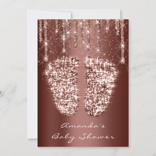 Baby Shower Feet Glitter Gold Brown Drips Boy Girl Invitation (Back)