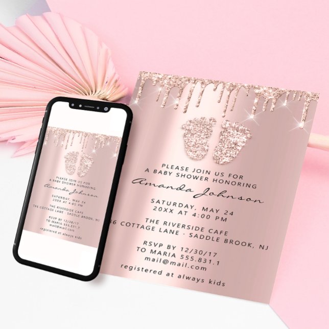 Baby Shower Feet Glitter Pink Drips Photo Boy Girl Invitation (Creator Uploaded)