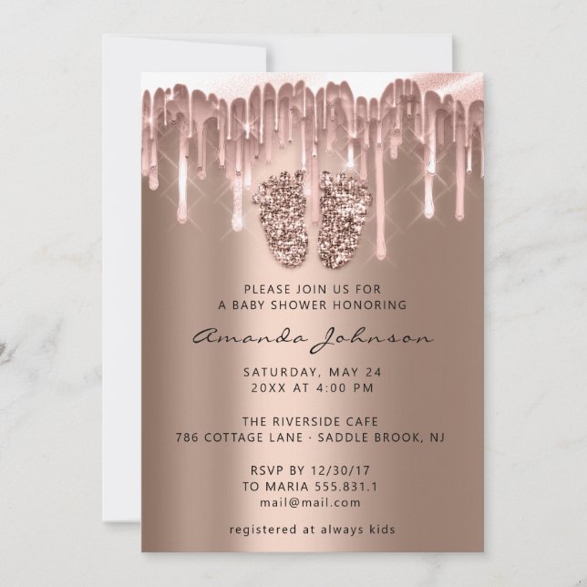 Baby Shower Feet Glitter Rose Blush Drip Boy Girl Invitation (Front)