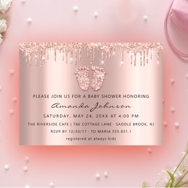 Baby Shower Feet Glitter Rose Gold Drips  Boy Girl Invitation (Baby Shower Feet Glitter Rose Gold Drips Boy Girl Invitation)