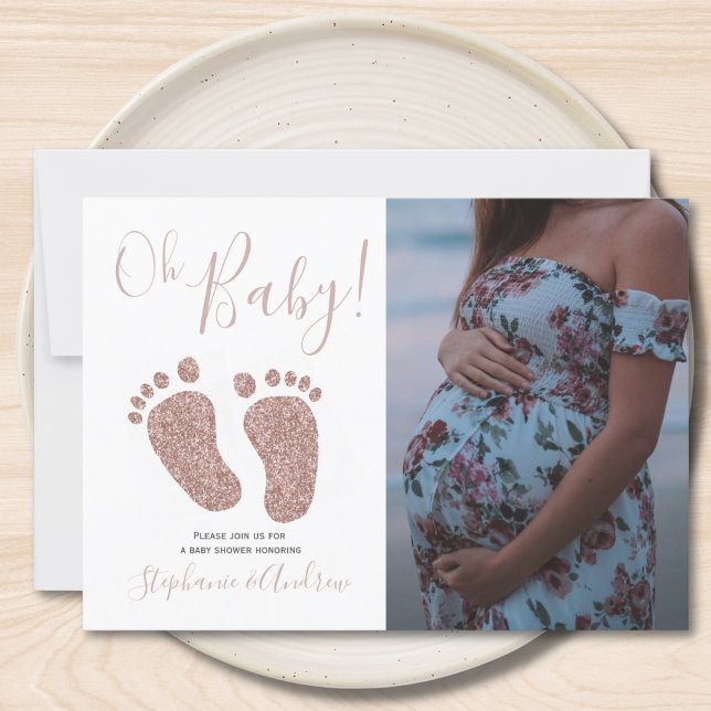 Baby Shower Feet Glitter Rose Gold Girl Photo Invitation (Creator Uploaded)