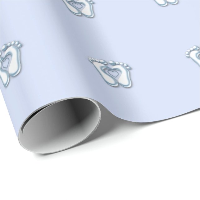 Baby Shower Feet Heart Blue Pastel Wrapping Paper (Roll Corner)