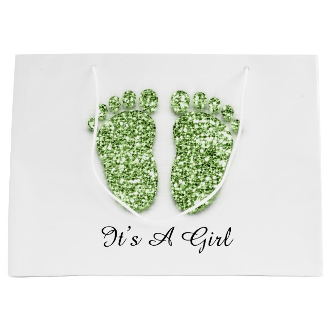Baby Shower Feet It’s A Boy Girl Green White Large Gift Bag (Front)