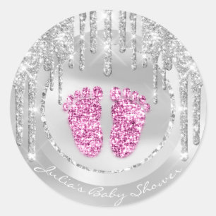 Baby Shower Feet Pink Name Drips Grey Glitter Classic Round Sticker