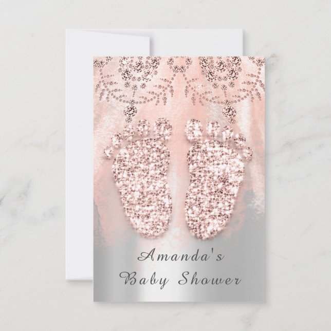 Baby Shower Feet Silver Girl Royal Rose Lace Pink Invitation (Back)