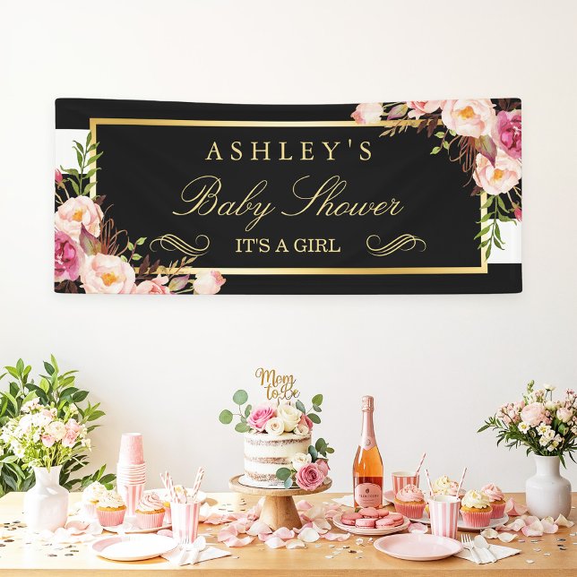 Baby Shower Floral Black White Stripes 2.5 x 6 Banner (Creator Uploaded)
