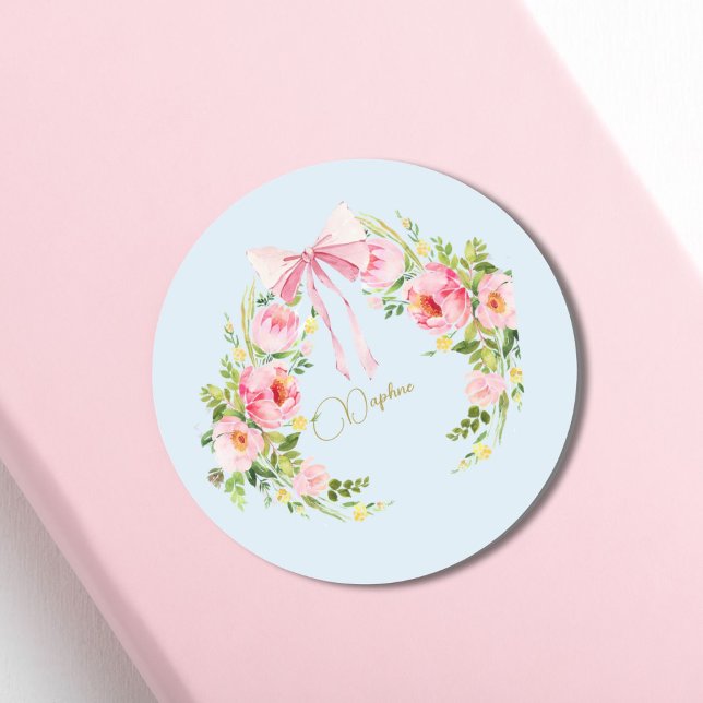 Baby Shower Floral Crest Regency Bow Pink Blue  Classic Round Sticker (Creator Uploaded)