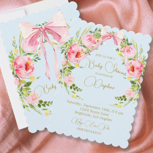 Baby Shower Floral Crest Regency Bow Pink Blue Invitation