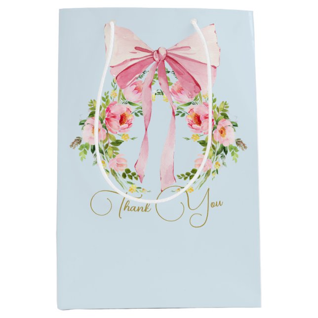 Baby Shower Floral Crest Regency Bow Pink Blue  Medium Gift Bag (Front)