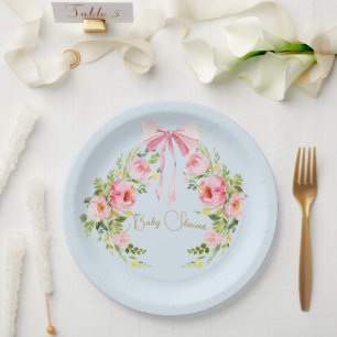 Baby Shower Floral Crest Regency Bow Pink Blue  Paper Plate
