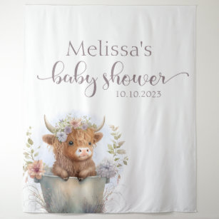 Baby Shower floral highland cow Backdrop  Tapestry