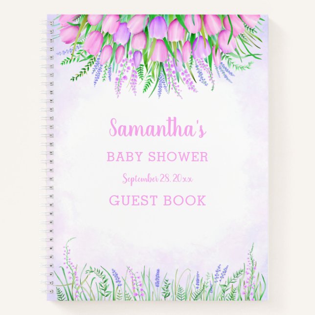 Baby Shower Floral Lavender Pink Tulips Guest Book (Front)