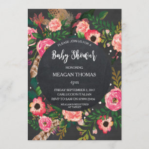 Baby shower floral modern chalkboard feather invitation