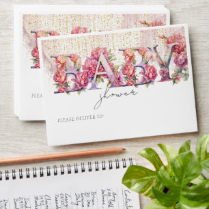 Baby Shower Floral Pink Gold Glitter Envelope
