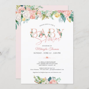 Baby Shower Floral Rose Gold Pink Blush Typography Invitation
