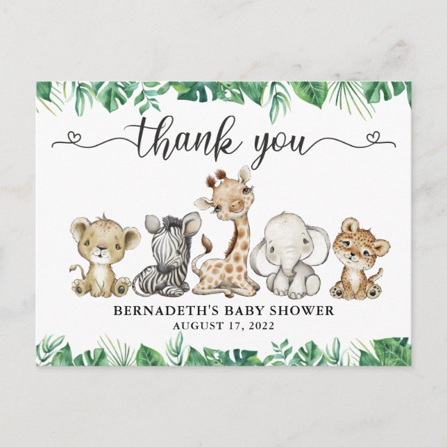 Baby Shower Floral Safari Animals Thank You Postcard (Front)