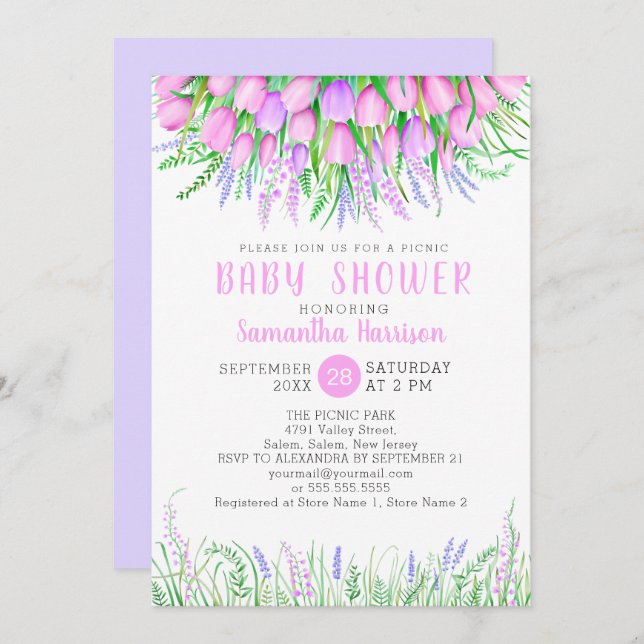 Baby Shower Floral Spring Lavender Tulips Picnic Invitation (Front/Back)