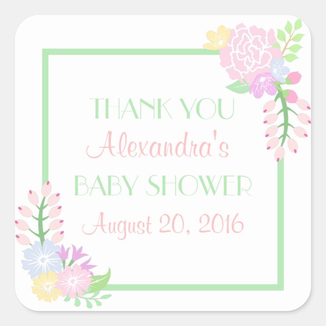Baby Shower Floral Square Stickers, Glossy Sticker (Front)