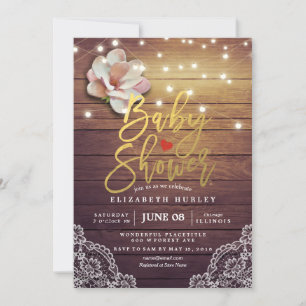 Baby Shower Floral String Lights Rustic Wood Lace Invitation