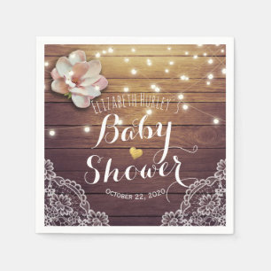 Baby Shower Floral String Lights Rustic Wood Lace Napkin