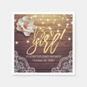 Baby Shower Floral String Lights Rustic Wood Lace Napkin
