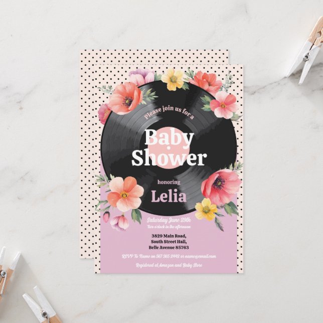 Baby Shower Floral Summer Record Music Party Invitation (Front/Back In Situ)