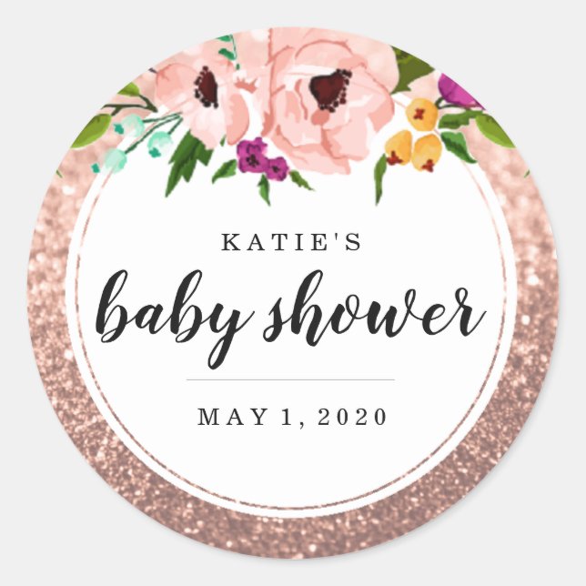 Baby Shower Flower Crown Glitter Pink Rose Gold Classic Round Sticker (Front)