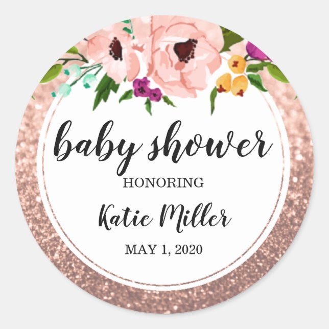 Baby Shower Flower Crown Glitter Pink Rose Gold Classic Round Sticker (Front)
