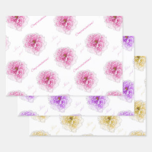 Baby Shower Flowers 3 Sets on Flat Wrapping Paper Sheet