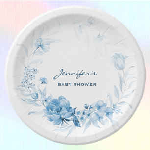 Baby Shower Flowers 7-in Charming Blue Florals Paper Plate