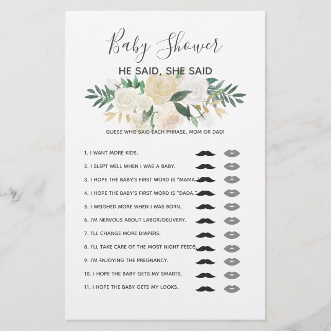 Baby Shower Flowers Game - He Said She Said (Front)