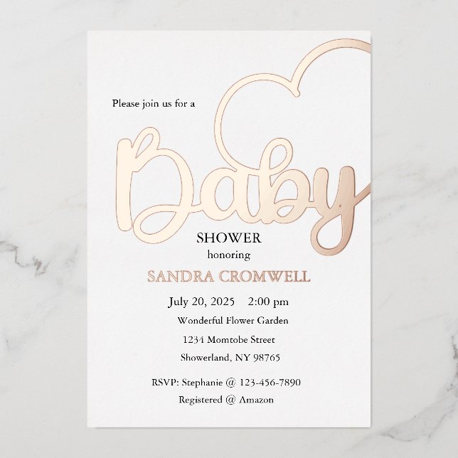 Baby Shower Foil Invitation, Script, Heart (Front)