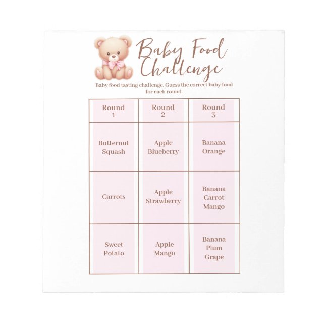 Baby Shower Food Challenge Game Activity Notepad (Front)