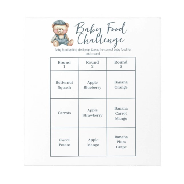 Baby Shower Food Challenge Game Activity Notepad (Front)