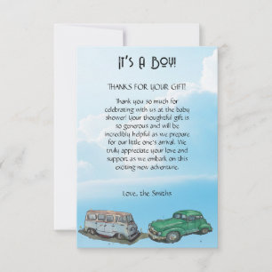 Baby shower for a boy, van and sedan thank you card