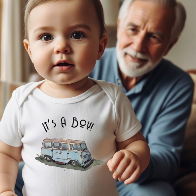 Baby shower for a boy with antique van image baby bodysuit (It’s a boy!)