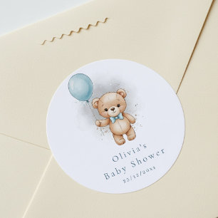 Baby Shower for Boy Blue Balloon Teddy Bear Classic Round Sticker